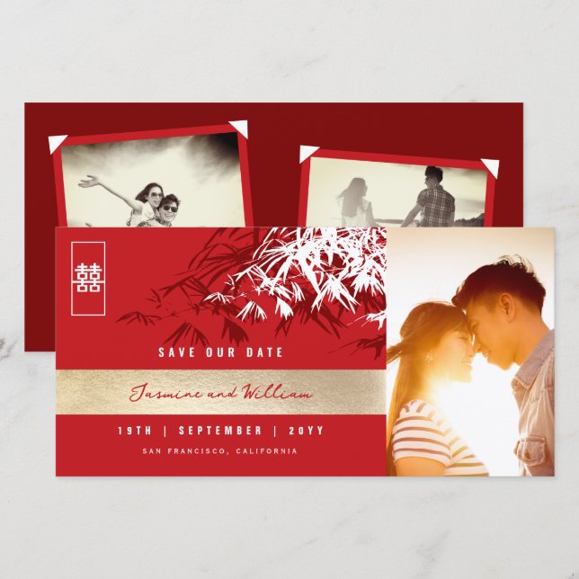 Reserve A Data Folhas de Bambu Zen Branco Vermelho Foto Casamento (Frente/Verso)