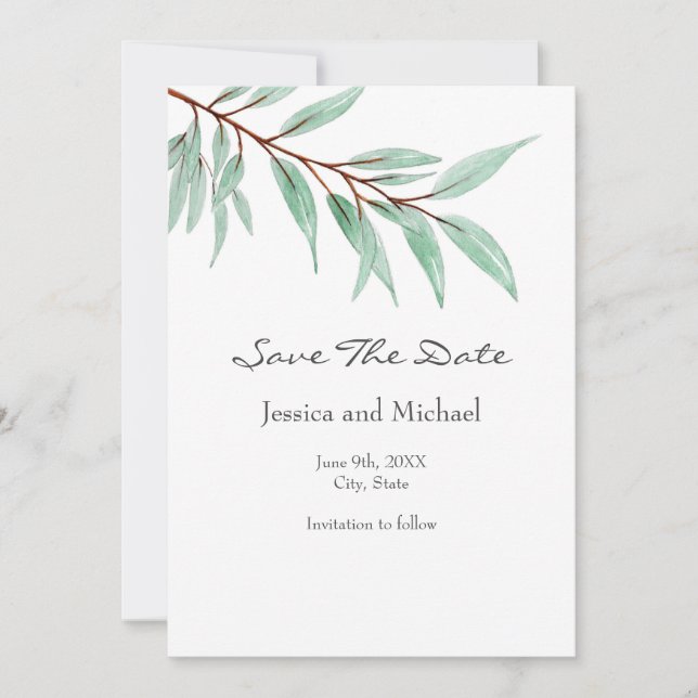 Reserve A Data Folhas de Eucalyptus com Aquarela (Frente)