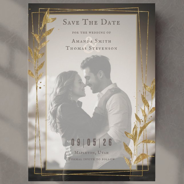 Reserve A Data Folhas de Ouro Elegantes Fotografia de Casamento d (Criador carregado)