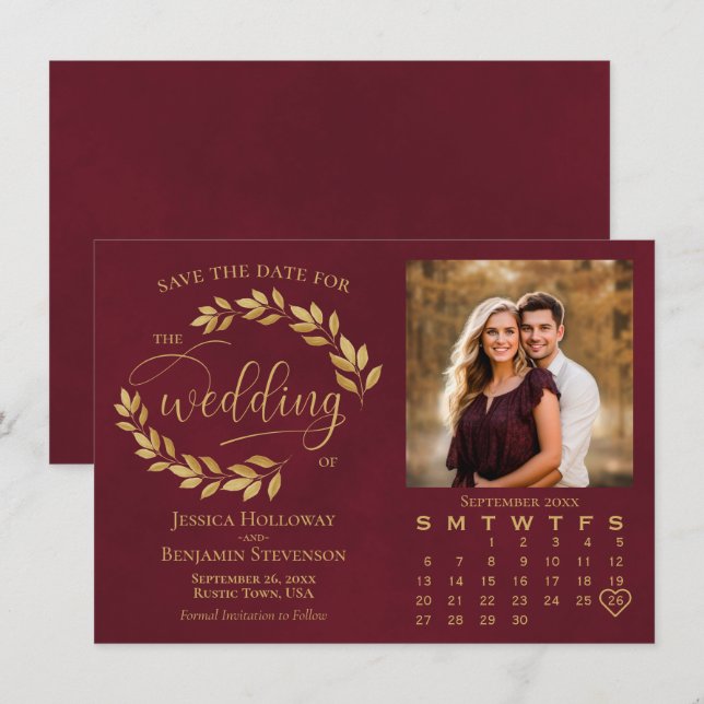Reserve A Data Folhas de Ouro em Foto e Calendário de Casamento B (Frente/Verso)