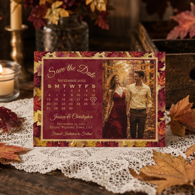 Reserve A Data Folhas de Outono Calendário e Foto de Casamento Bo (Criador carregado)