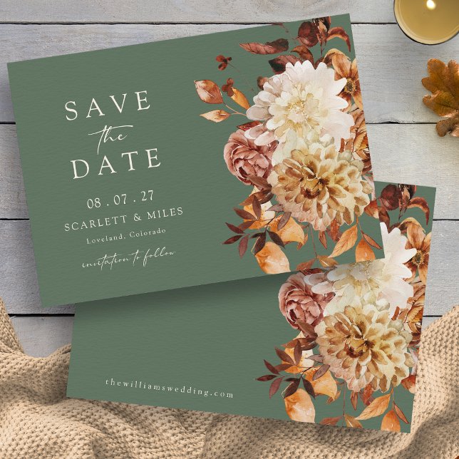 Reserve A Data Folhas de Outono em Verde Salvia (Rustic Sage Green Autumn Leaves Save The Date Invitation by Painted Paperie
)