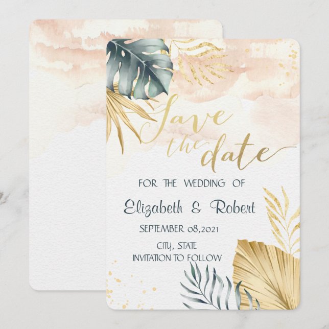 Reserve A Data Folhas de Palmeira Aquarela Save The Date (Frente/Verso)