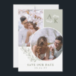 Reserve A Data Folhas de Sage & Olive Fotos Sobrepostas<br><div class="desc">Cartão de data de salvamento de dois lados em branco, verde sage e verde oliva com suas iniciais, fotos sobrepostas e folhagens com fontes limpas e elegantes. Cartão de data de salvamento de foto com um design moderno personalizado com seu monograma e fotos, dois de um lado e um do...</div>