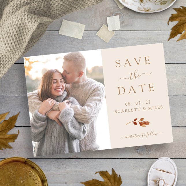 Reserve A Data Folhas de Terracota de Outono Foto Salvar Data de  (Fall Terracotta Leaves Photo Save The Date Wedding by Painted Paperie)