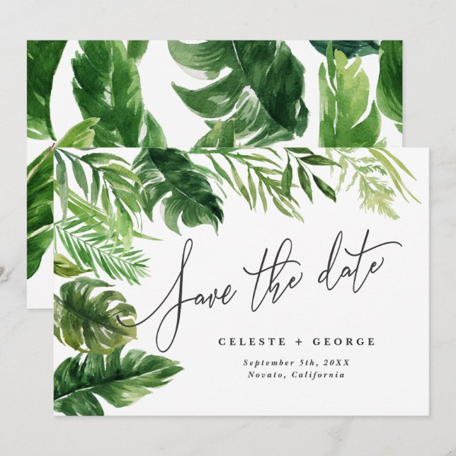 Reserve A Data Folhas florais de aquarela tropical salvar a data (Frente/Verso)