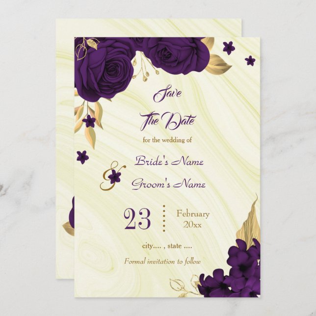 Reserve A Data folhas florais de ouro roxo e elegantes (Frente/Verso)