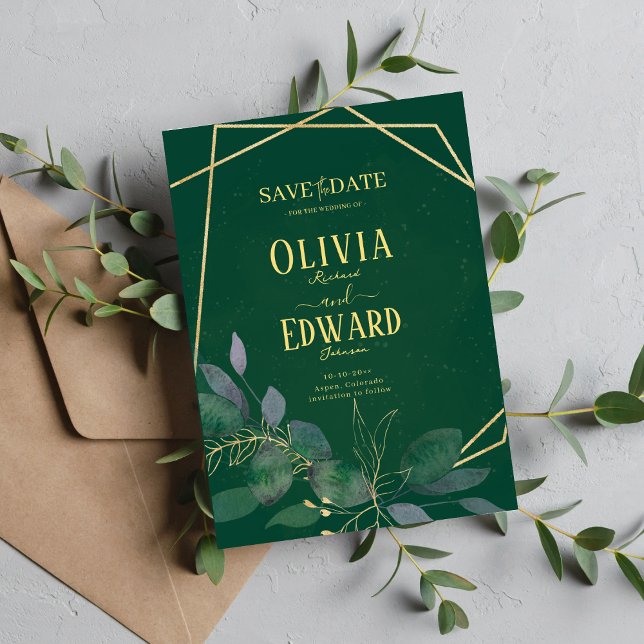 Reserve A Data Folhas geométricas verdes e douradas (Criador carregado)