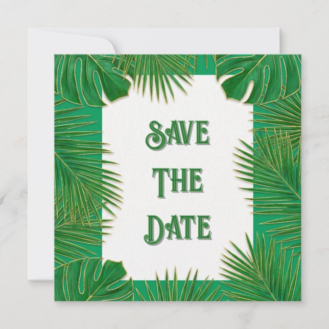 Reserve A Data Folhas Tropicais Verdes Douradas (Frente)