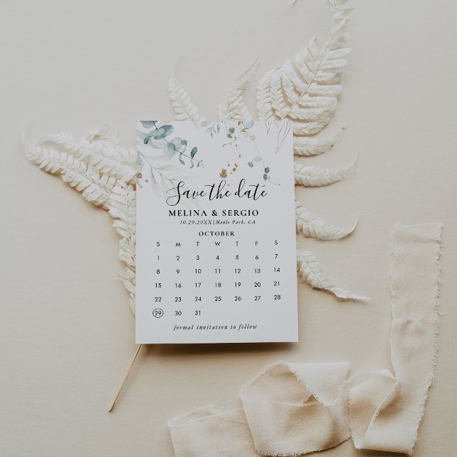 Reserve A Data Folhas verdes Douradas Salvem o Calendário de Data (Criador carregado)