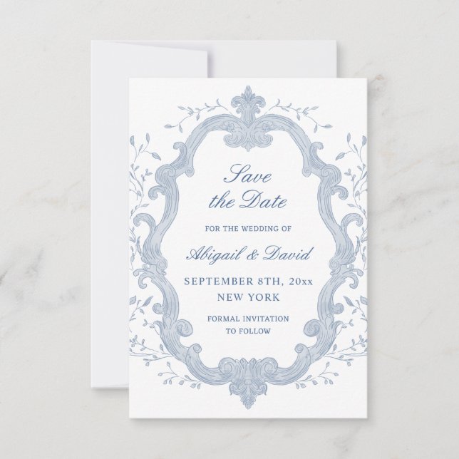 Reserve A Data Foliage Blue Crest Wedding Save The Date (Frente)