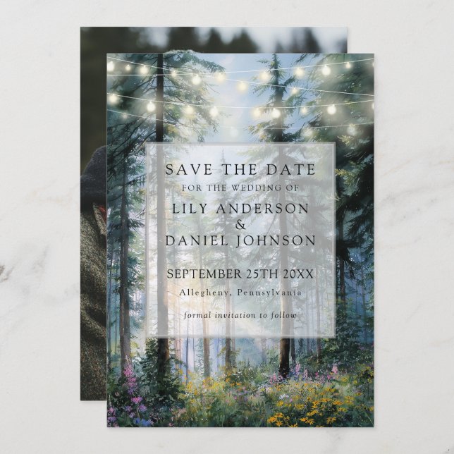 Reserve A Data Forest String Lights Floral Rustic Photo Wedding (Frente/Verso)