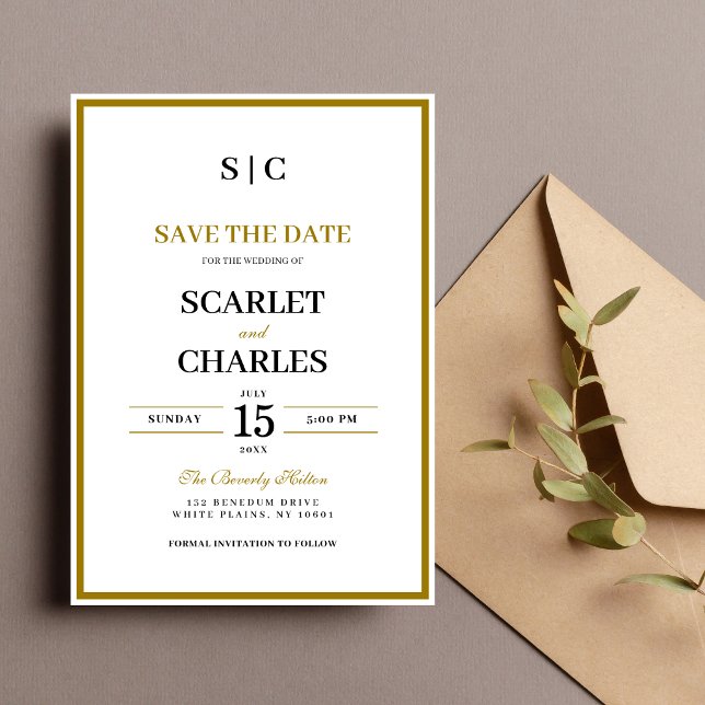 Reserve A Data Formal Clássico Preto Dourado Monograma Casamento (Formal black and gold monogram save the date card sets a timeless tone for your wedding.)