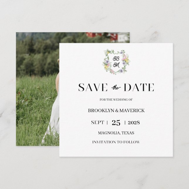 Reserve A Data Formal Floral Monogram Crest Wedding (Frente/Verso)