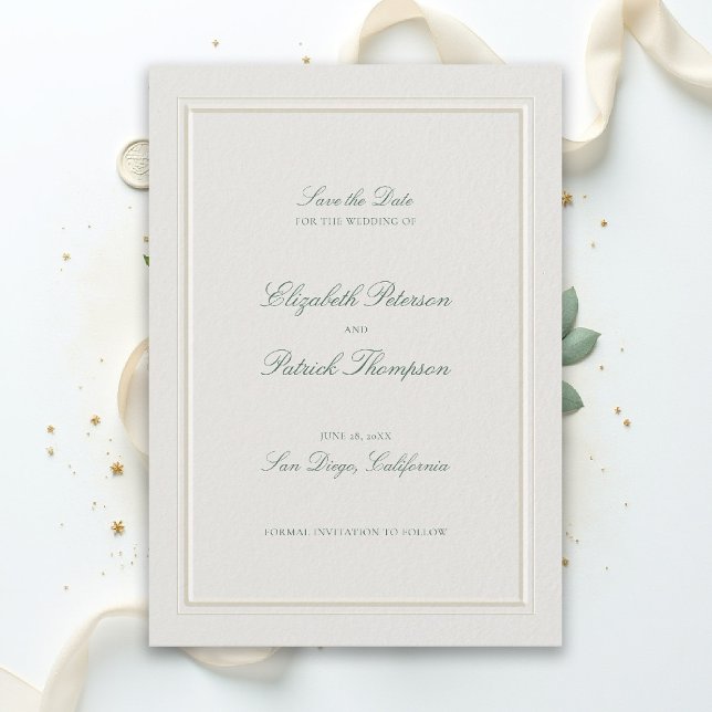 Reserve A Data Formal Modern Classic Elevated Green Ecru Wedding (modern classic wedding save the date forest green type double frame ecru formal traditional stately)