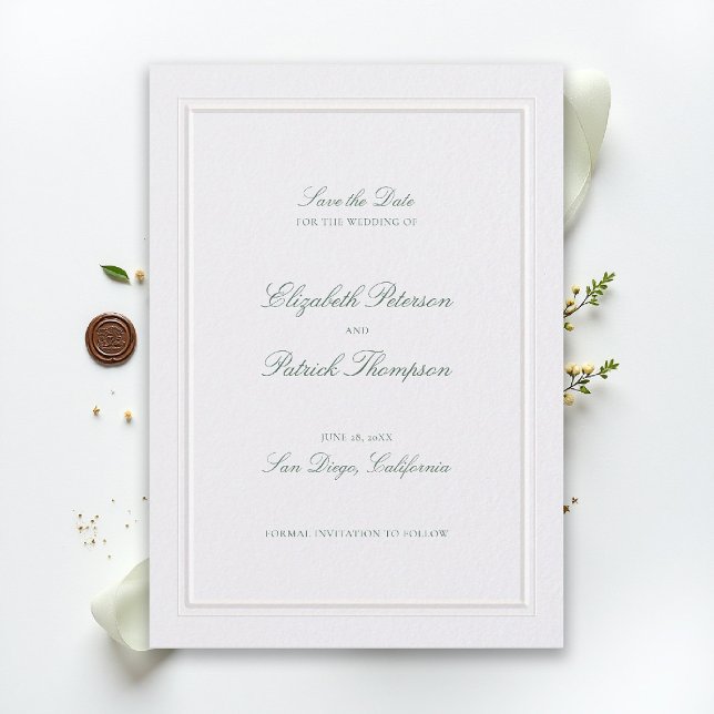 Reserve A Data Formal Modern Classic Elevated Green Pearl Wedding (modern classic wedding save the date forest green type double frame pearl formal traditional stately)