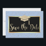 Reserve A Data Formando Azul-Claro-Brilhante Dourado rosa Salve a<br><div class="desc">Boné brilhante de formando de ouro e confete em um fundo azul claro.</div>