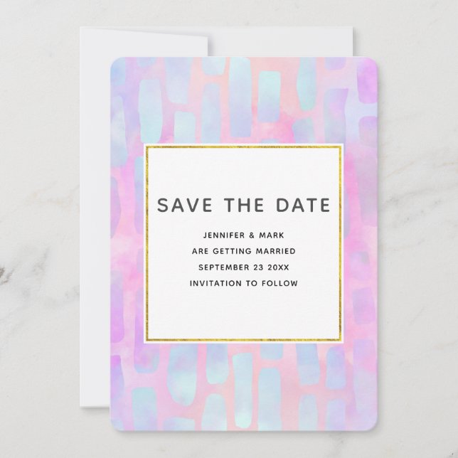 Reserve A Data Formas de Retângulo Roxo e Azul em Casamento Rosa (Frente)