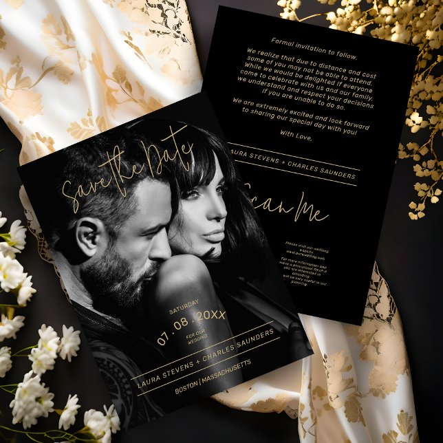 Reserve A Data Forte Casamento de Script de Ouro Preto e Branco (Exquisite Black & White Golden Script Wedding Save the Date Card.)