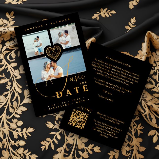 Reserve A Data Forte local Dourado e preto 3 multifotos (Exquisite Faux Lace Gold and Black 3 Multi Photos Collage Wedding Save the Date Card. )