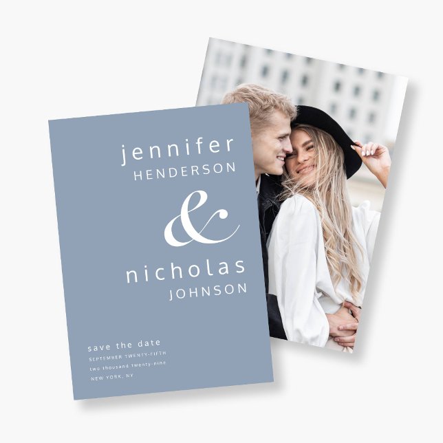 Reserve A Data Foto Ampersand Azul Empoeirado Moderno (Modern Dusty Blue Ampersand Photo Save The Date)