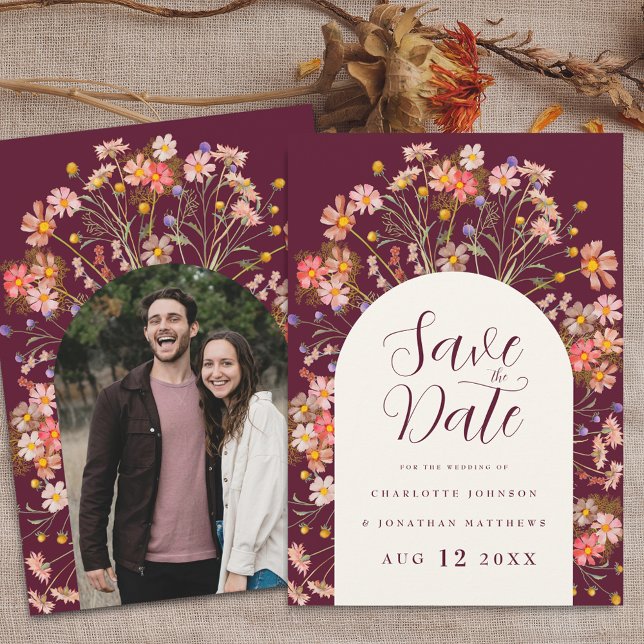 Reserve A Data Foto Arco Boho Outono Rústico Casamento Flor Silve (Photo arch boho fall rustic wildflower floral arch burgundy ivory cream wedding save the date invite)