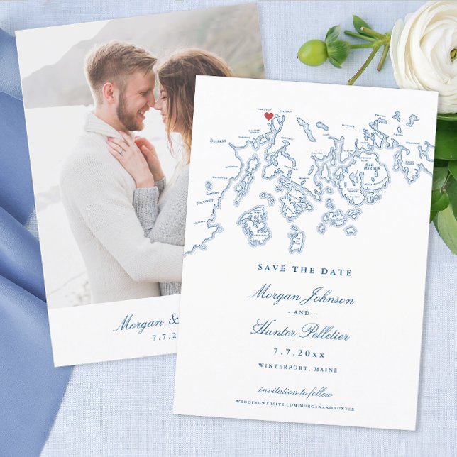Reserve A Data Foto Azul do Marinho Maine Map do Winterport (Winterport Maine Wedding Save the Date with Photo in elegant navy blue from Coastal Map Designs)
