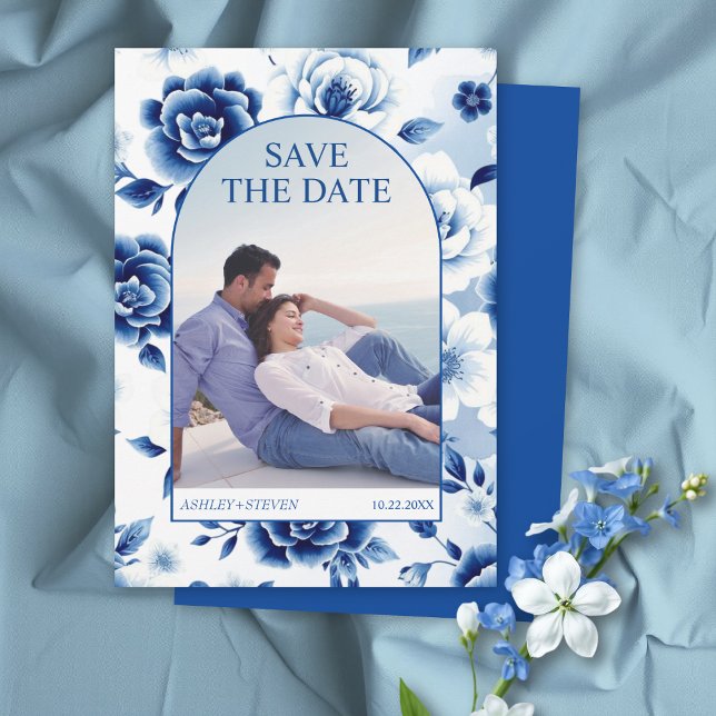 Reserve A Data Foto azul floral Chinoiserie, lavagem a aquarela (Criador carregado)