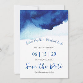 Reserve A Data Foto Azul Índigo Aquarela Roteiro Moderno