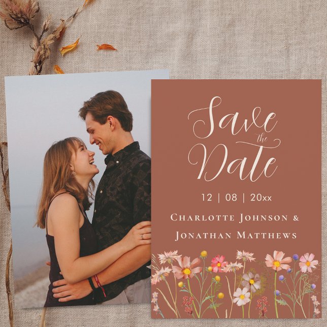 Reserve A Data Foto Boho Outono Flores Silvestres Terracota Casam (Photo Wildflower boho fall floral terracotta Wedding save the date invitation)
