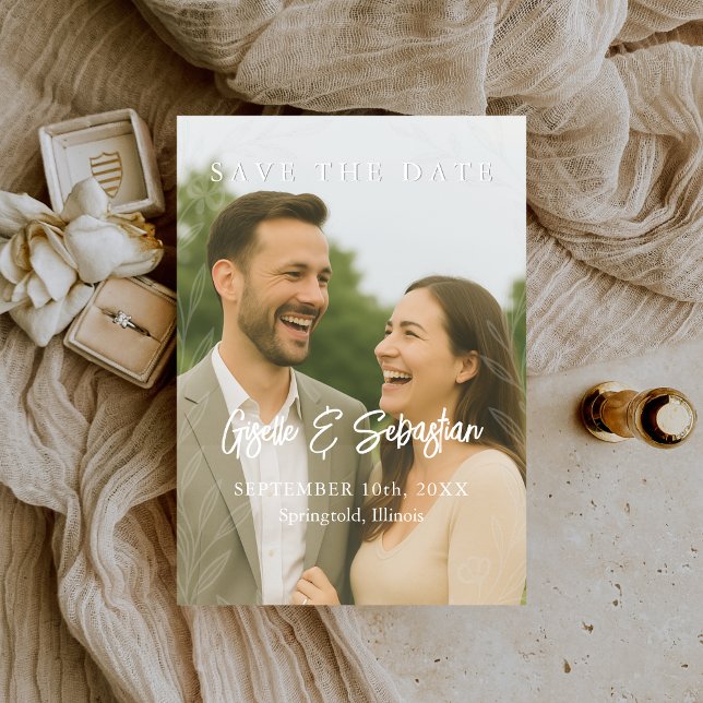 Reserve A Data Foto Botânica Elegante Rota Script Romântico (Criador carregado)