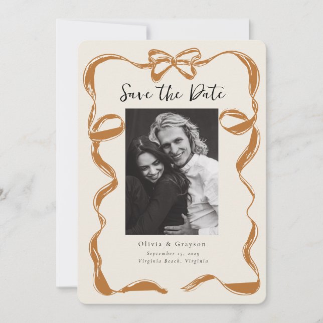 Reserve A Data Foto Caprichosa de Cobre com Laço Save the Date (Frente)