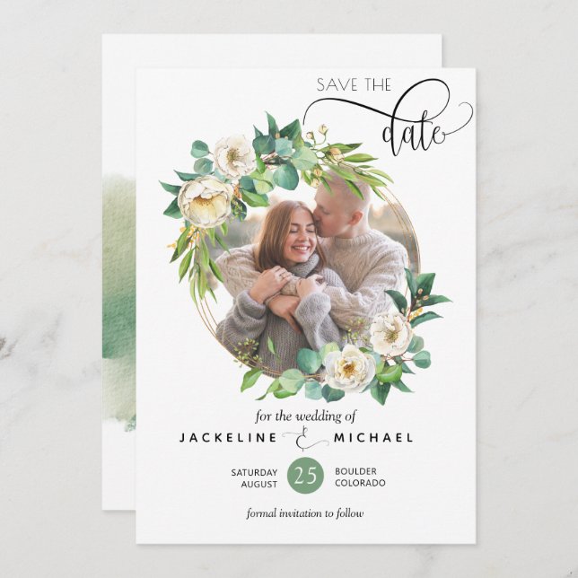Reserve A Data Foto, Casamento Branco e Verde Salvar a Data (Frente/Verso)
