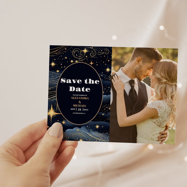 Reserve A Data Foto Casamento Estrelas Azul Meia-Noite Celestial  (Criador carregado)