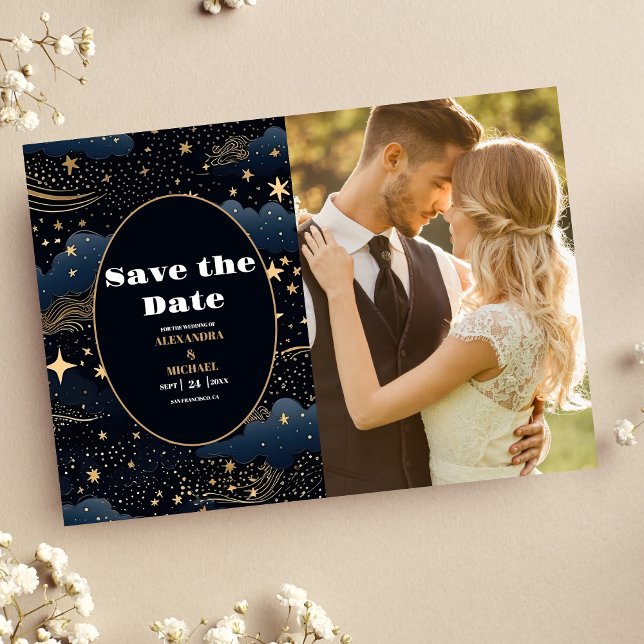 Reserve A Data Foto Casamento Estrelas Azul Meia-Noite Celestial (Criador carregado)