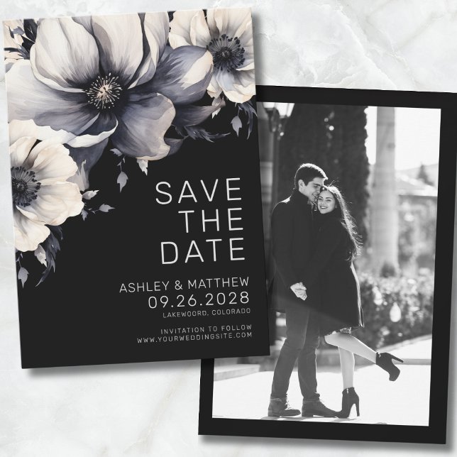 Reserve A Data Foto: Casamento Floral Preto Moderno (Photo Chic Modern Elegant Black Floral Wedding Save The Date)