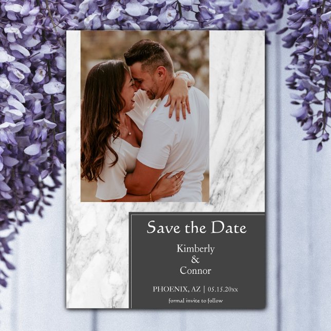 Reserve A Data Foto Cinza Simples Mármore (Gray Simple Marbled Photo Save the Date)