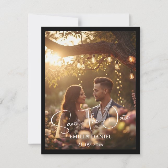 Reserve A Data Foto com Borda Preta Elegante Moderno Script Branc (Frente)