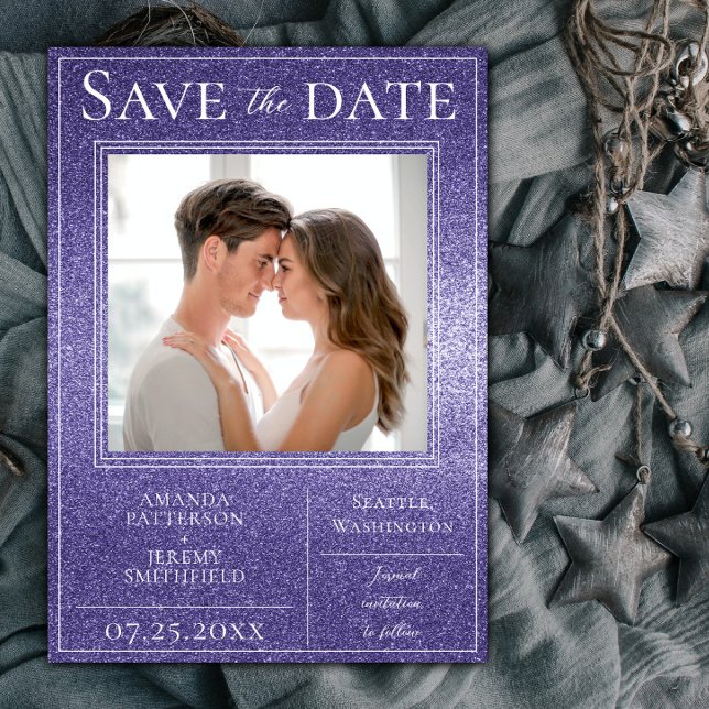 Reserve A Data Foto com brilho roxo Salva a data (Purple Glitter Photo Save The Date)