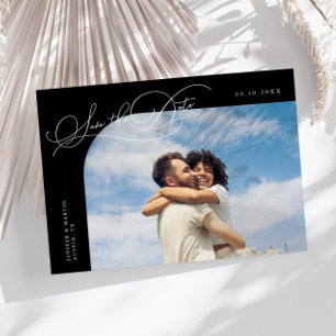 Reserve A Data Foto com Moldura Curva Preta de Letra Elegante