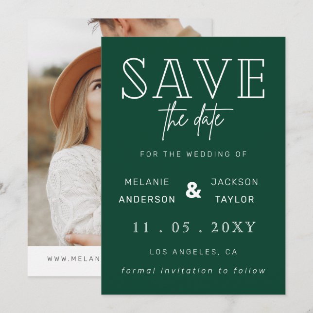 Reserve A Data Foto da caligrafia moderna verde Salvar a data (Frente/Verso)