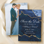 Reserve A Data Foto de Ágata Geodo em Mármore Azul Dourado em Aqu<br><div class="desc">Cartão de Anúncio de Casamento Moderno e Elegante com Ágata Geodo em Mármore Azul Dourado em Aquarela - Foto no Verso</div>