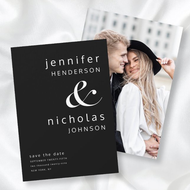 Reserve A Data Foto de Ampersand Preto Moderno (Modern Black Ampersand Photo Save The Date)