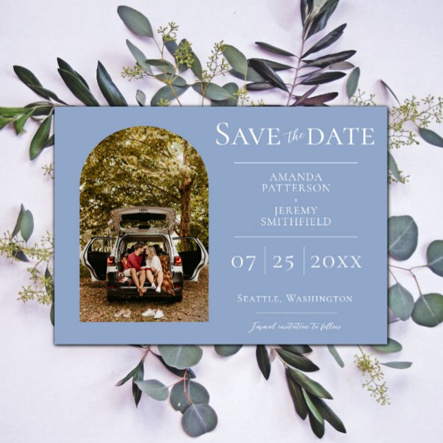 Reserve A Data Foto de Arco Simples | Salve o Dia Azul Empoeirado (Dusty Blue Simple Arch Photo Save the Date)