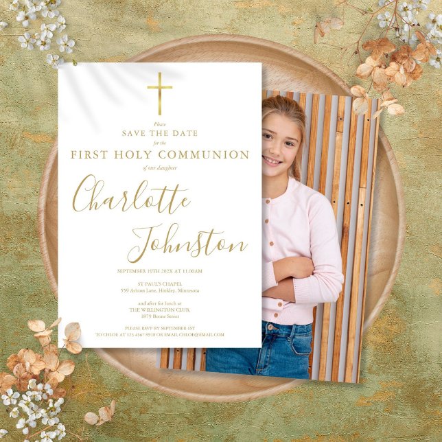Reserve A Data Foto de assinatura Dourada Elegante da Primeira Co (Elegant First Holy Communion Gold Signature Photo Save The Date)