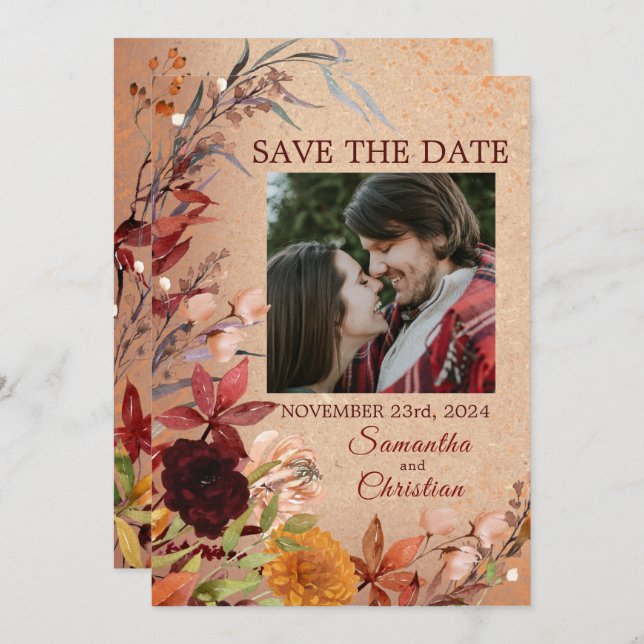 Reserve A Data Foto de Blush Rustic Bloom Burgundy (Frente/Verso)