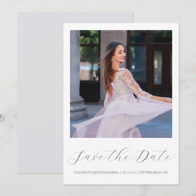 Reserve A Data Foto de Caligrafia Simples com Quinceanera Roxo bo (Frente/Verso)