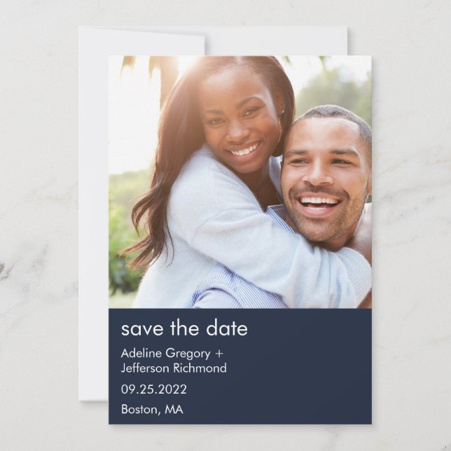Reserve A Data Foto de Casal Moderno Azul Save The Date Casamento (Frente)