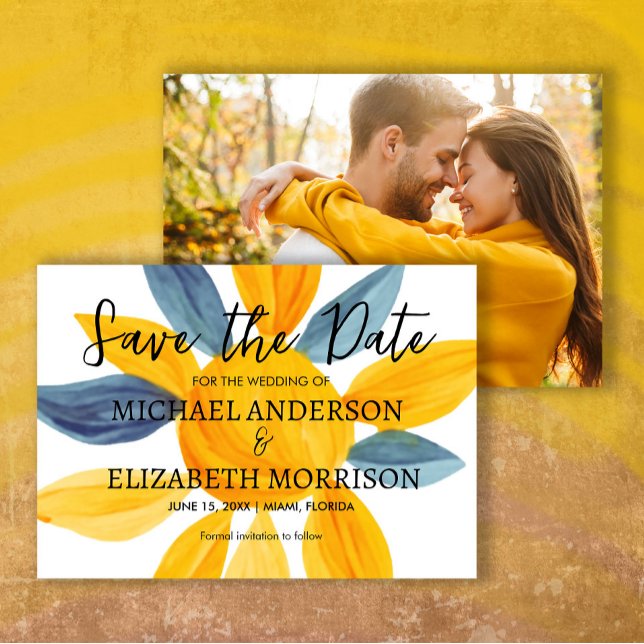Reserve A Data Foto de Casamento Azul Amarelo Única Salvar Data (Yellow and blue watercolor wedding photo Save the Date)