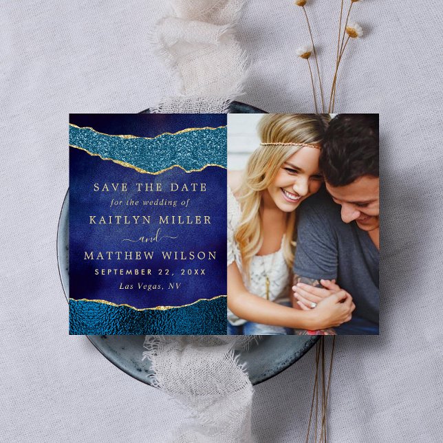 Reserve A Data Foto de casamento azul e agata Dourada do Marinho  (Criador carregado)